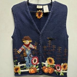 Bobbie Brooks small embroidered fall autumn season sweater vest scarecrow flower